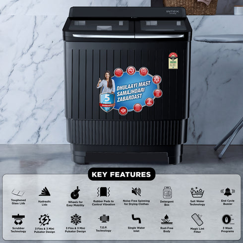 INTEX Ebony Series 10KG Semi-Automatic Washing Machine (SA10BKFG) – Black
