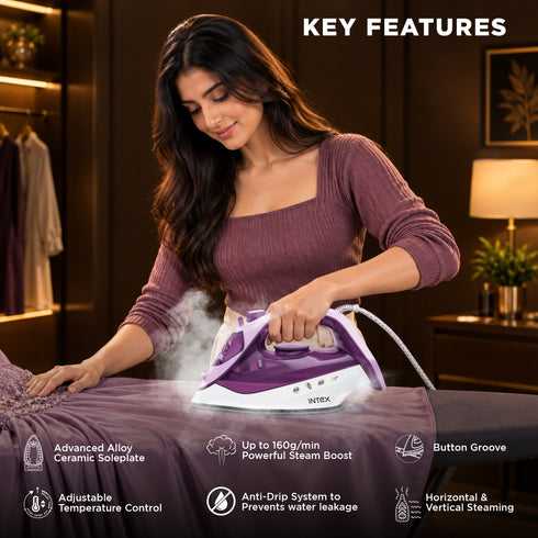 Intex Glidex Steamax 2200W Steam Iron with Ceramic Coated Soleplate & Steam Boost