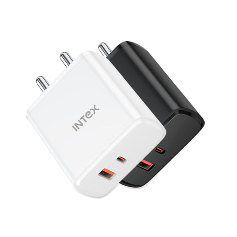 Intex Bolt Quick 65W QCPD Super Fast Charger with Dual Port Output - Black, White