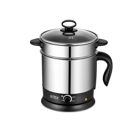 Intex Stainless Steel Multi Kettle – 1.2L/1.5L, 600W, Egg Tray, Auto Cut-Off, Shockproof Body