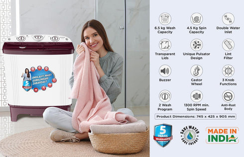 Intex 6.5 KG Semi-Automatic Washing Machine (Red & White) - SA65RDPT