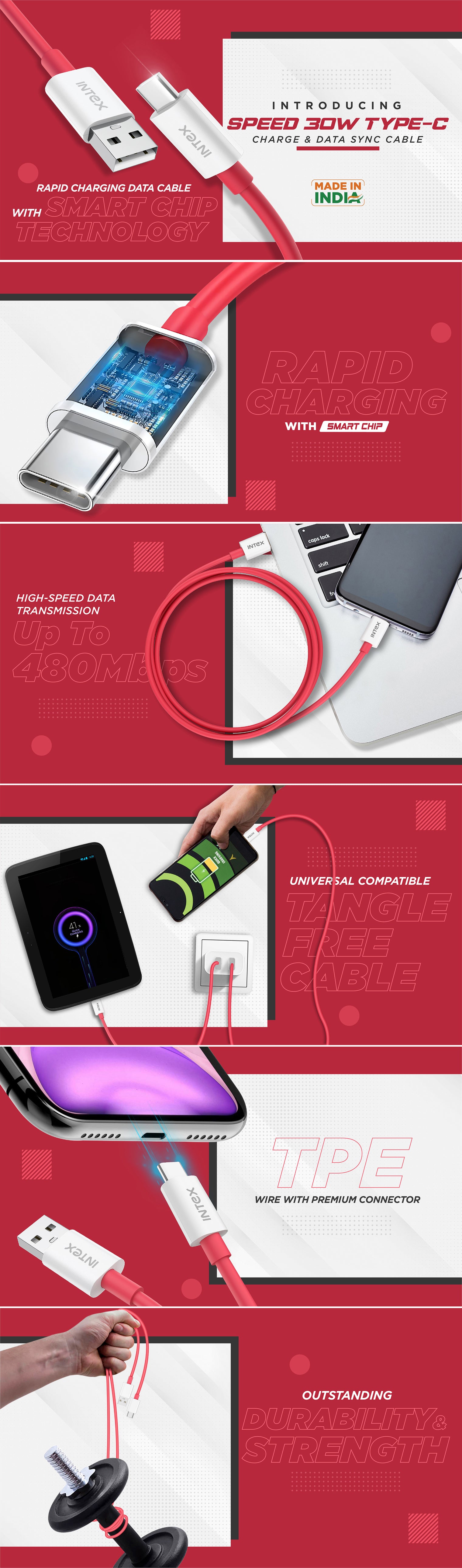 Intex USB Data Cable Speed 30W Type C Red